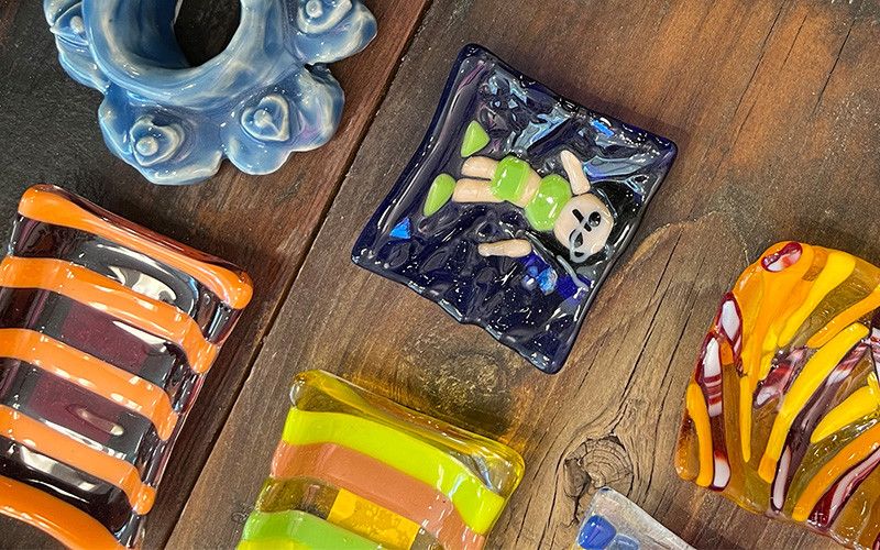 Glass pieces of artwork made at Inside Out Studios in Hamilton, Ohio