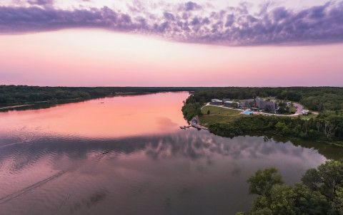 A drone image of Acton Lake and part of the Hueston Woods Conference Center at Hueston Woods State Park